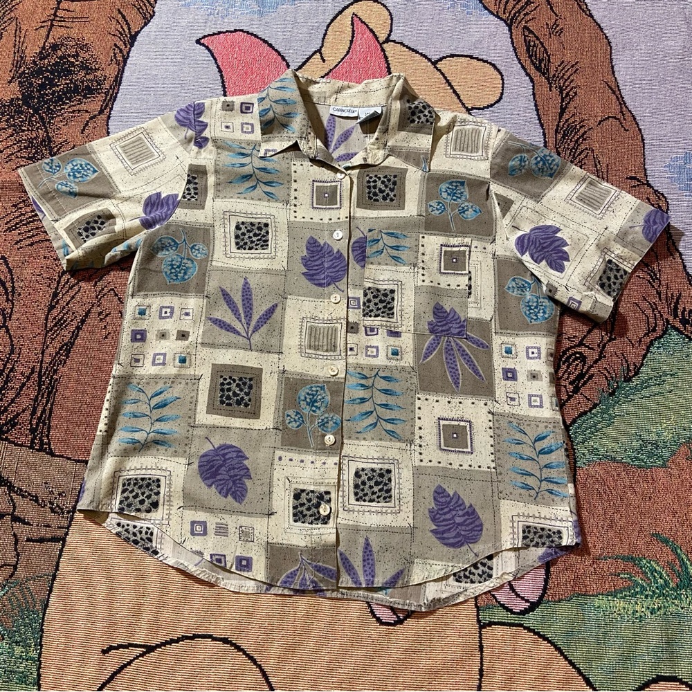 Vintage Ladies Cabin Creek Short Sleeve Checker Board Floral Button Up Size L